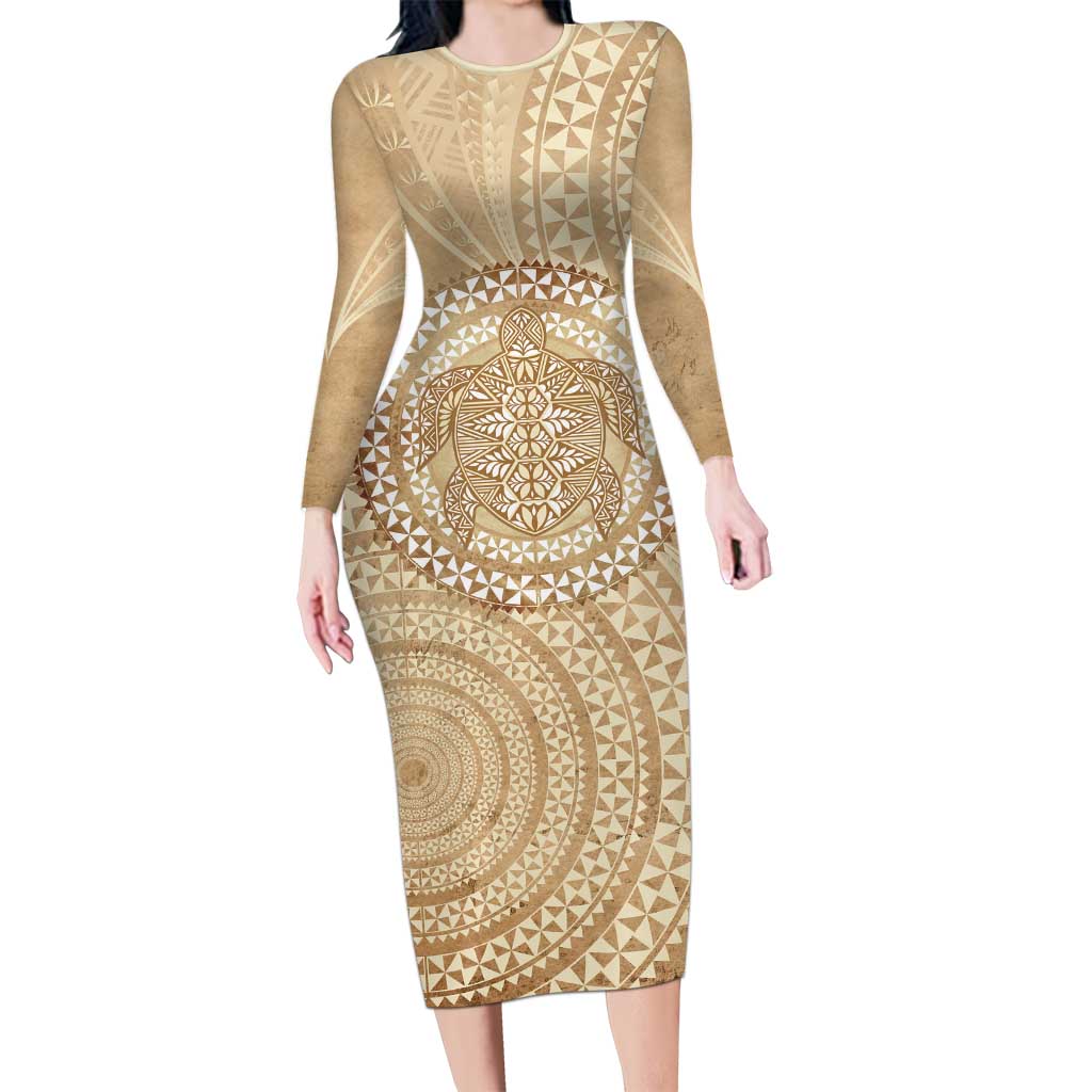 Tonga Ngatu Turtle Family Matching Long Sleeve Bodycon Dress and Hawaiian Shirt Vintage Tongan Tapa Cloth LT14 Mom's Dress Brown - Polynesian Pride