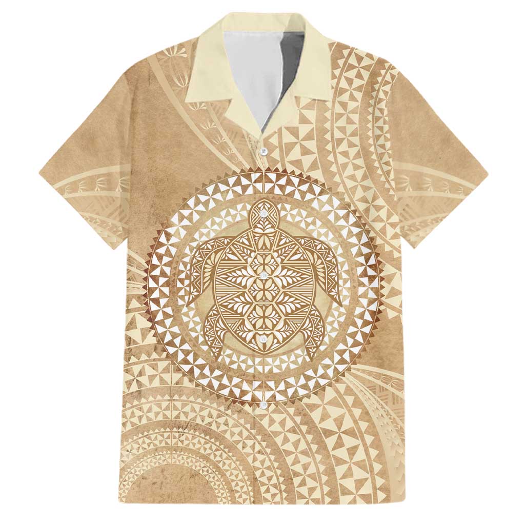 Tonga Ngatu Turtle Family Matching Off The Shoulder Long Sleeve Dress and Hawaiian Shirt Vintage Tongan Tapa Cloth LT14 Dad's Shirt - Short Sleeve Brown - Polynesian Pride