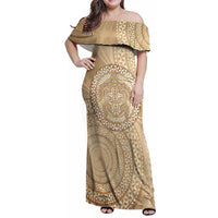 Tonga Ngatu Turtle Family Matching Off Shoulder Maxi Dress and Hawaiian Shirt Vintage Tongan Tapa Cloth LT14 Mom's Dress Brown - Polynesian Pride