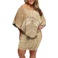 Tonga Ngatu Turtle Family Matching Off Shoulder Short Dress and Hawaiian Shirt Vintage Tongan Tapa Cloth LT14 Mom's Dress Brown - Polynesian Pride