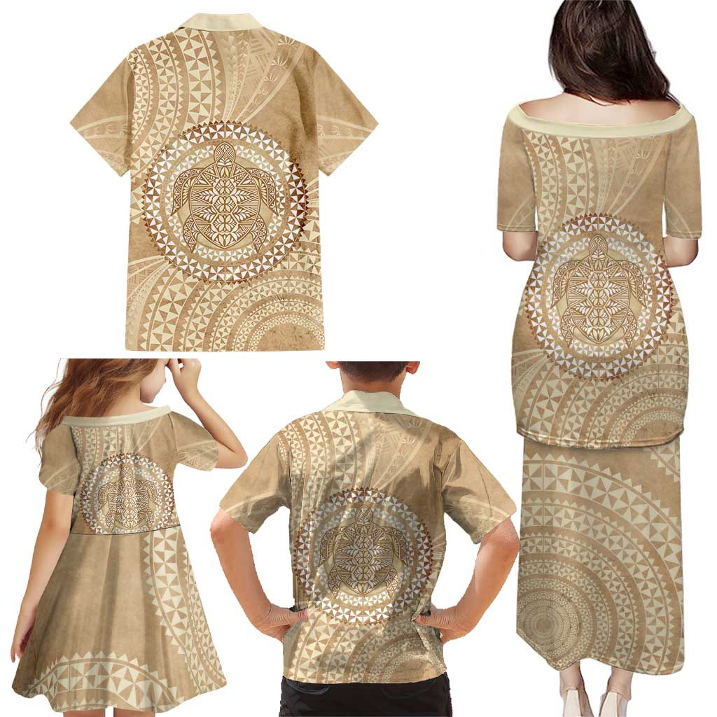 Tonga Ngatu Turtle Family Matching Puletasi and Hawaiian Shirt Vintage Tongan Tapa Cloth LT14 - Polynesian Pride