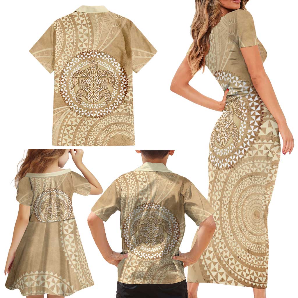 Tonga Ngatu Turtle Family Matching Short Sleeve Bodycon Dress and Hawaiian Shirt Vintage Tongan Tapa Cloth LT14 - Polynesian Pride