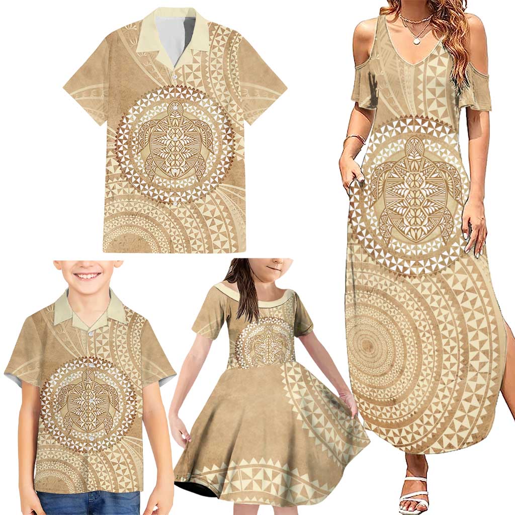 Tonga Ngatu Turtle Family Matching Summer Maxi Dress and Hawaiian Shirt Vintage Tongan Tapa Cloth LT14 - Polynesian Pride