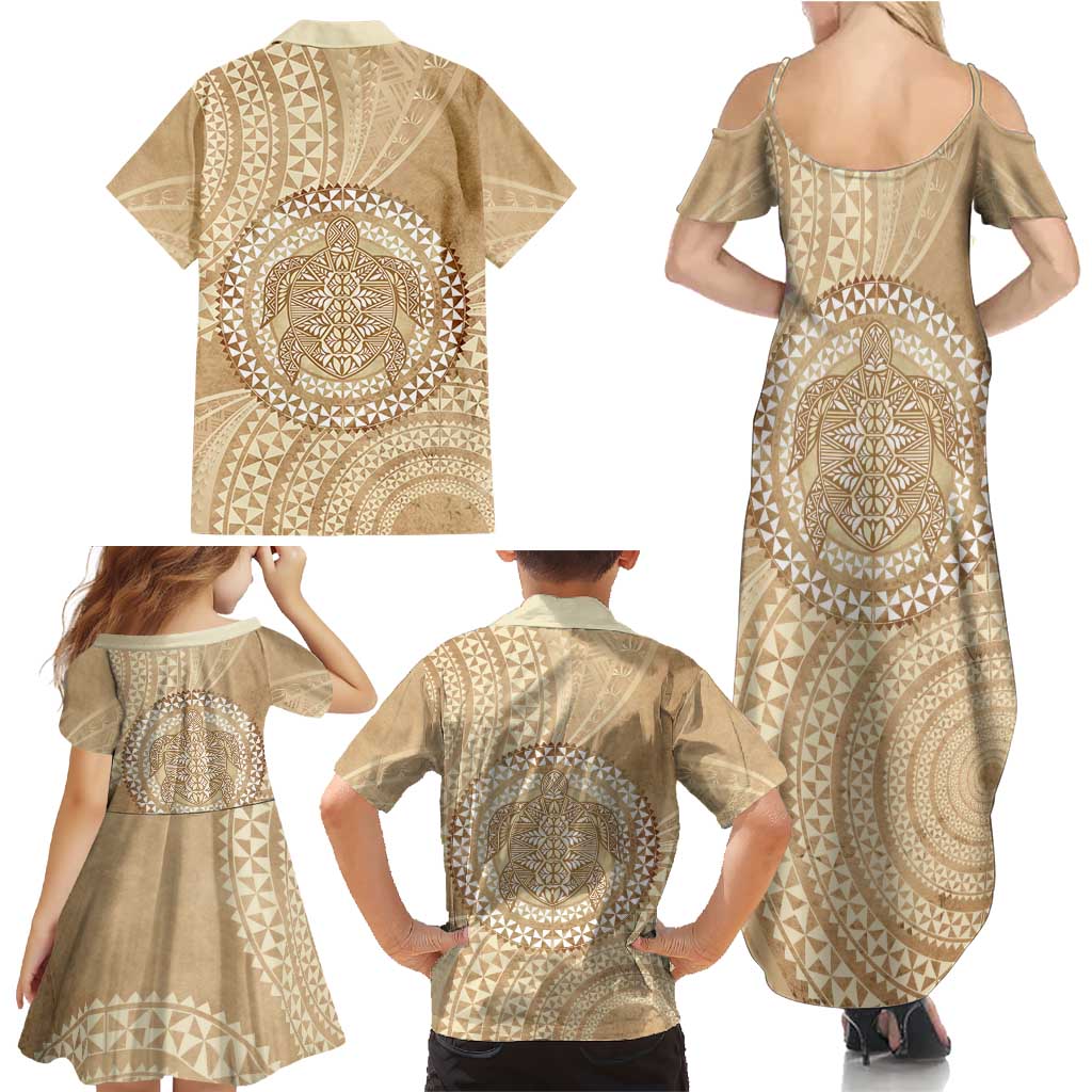 Tonga Ngatu Turtle Family Matching Summer Maxi Dress and Hawaiian Shirt Vintage Tongan Tapa Cloth LT14 - Polynesian Pride
