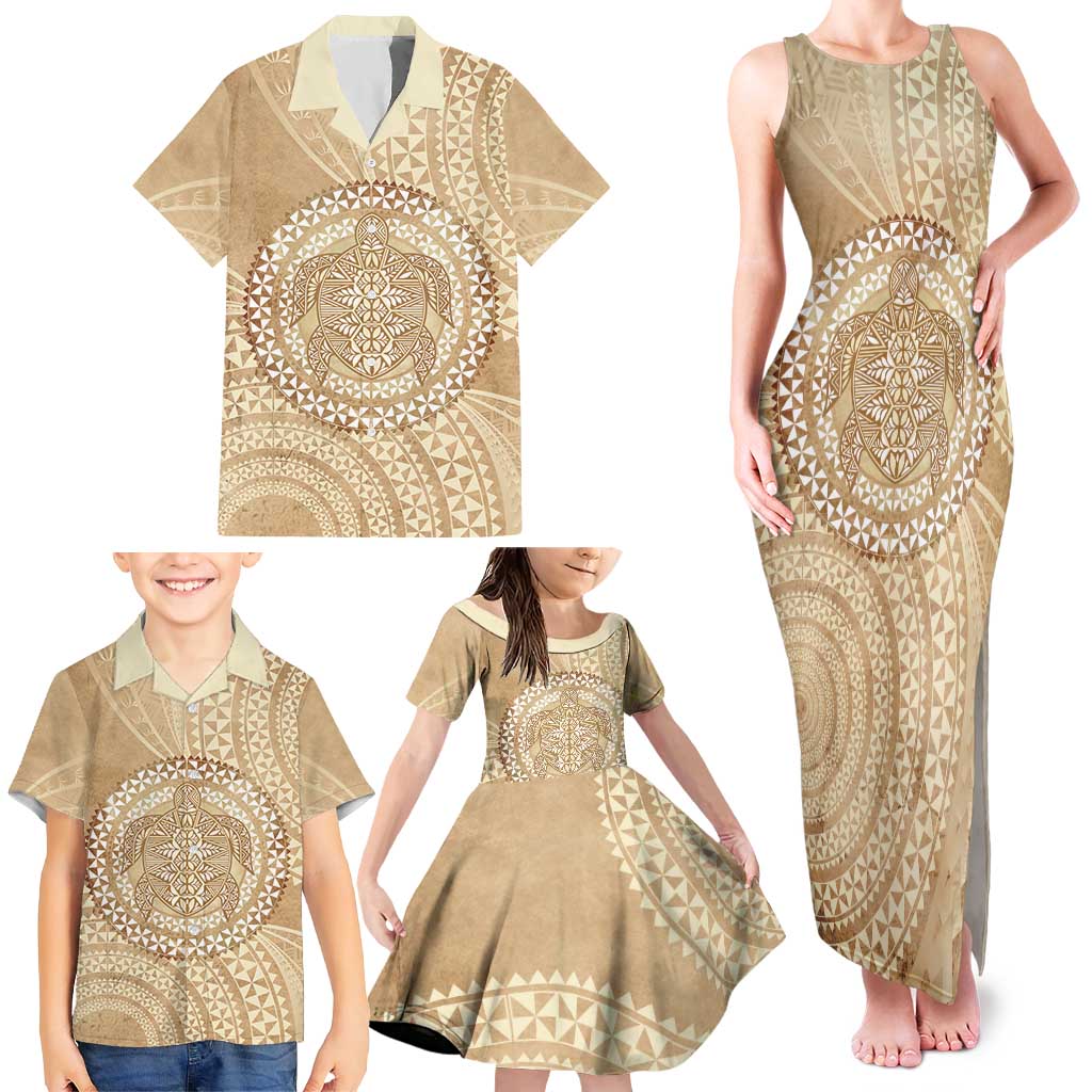 Tonga Ngatu Turtle Family Matching Tank Maxi Dress and Hawaiian Shirt Vintage Tongan Tapa Cloth LT14 - Polynesian Pride
