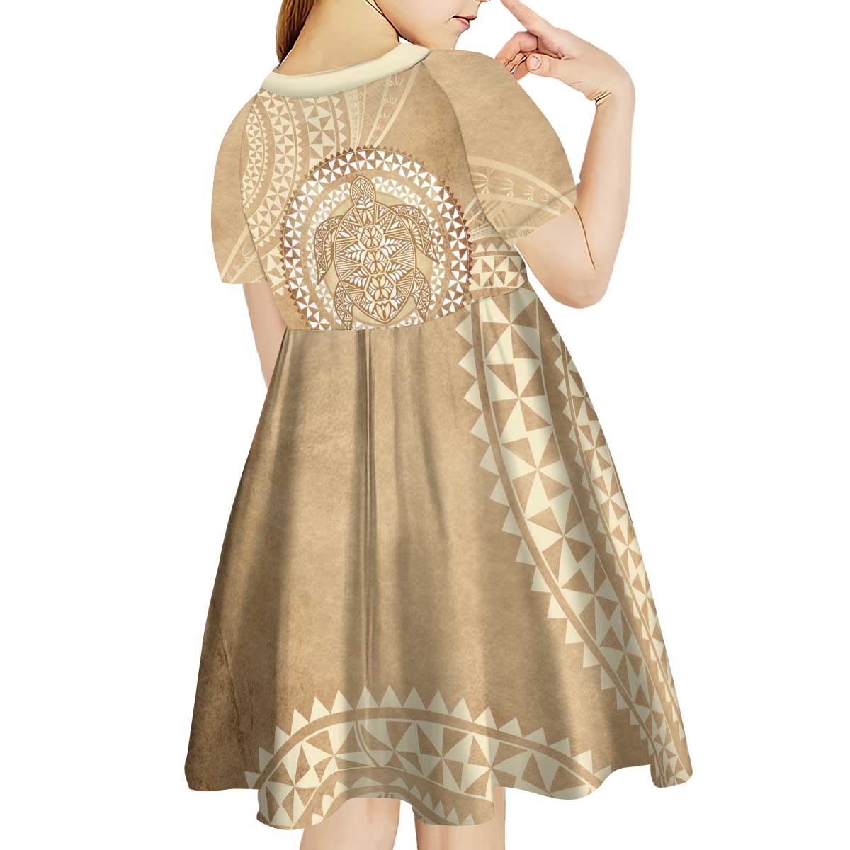 Tonga Ngatu Turtle Kid Short Sleeve Dress Vintage Tongan Tapa Cloth