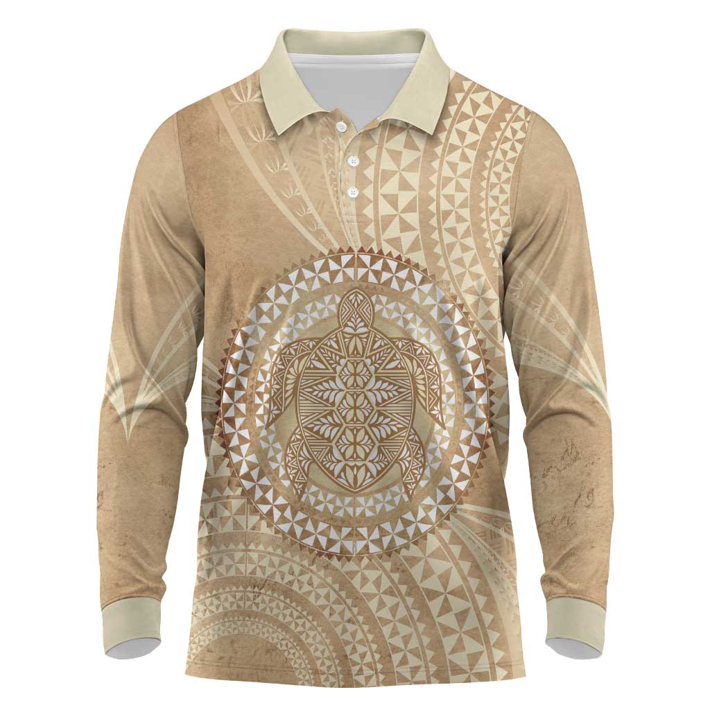 Tonga Ngatu Turtle Long Sleeve Polo Shirt Vintage Tongan Tapa Cloth