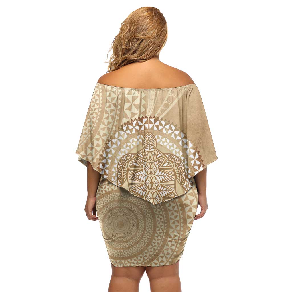 Tonga Ngatu Turtle Off Shoulder Short Dress Vintage Tongan Tapa Cloth