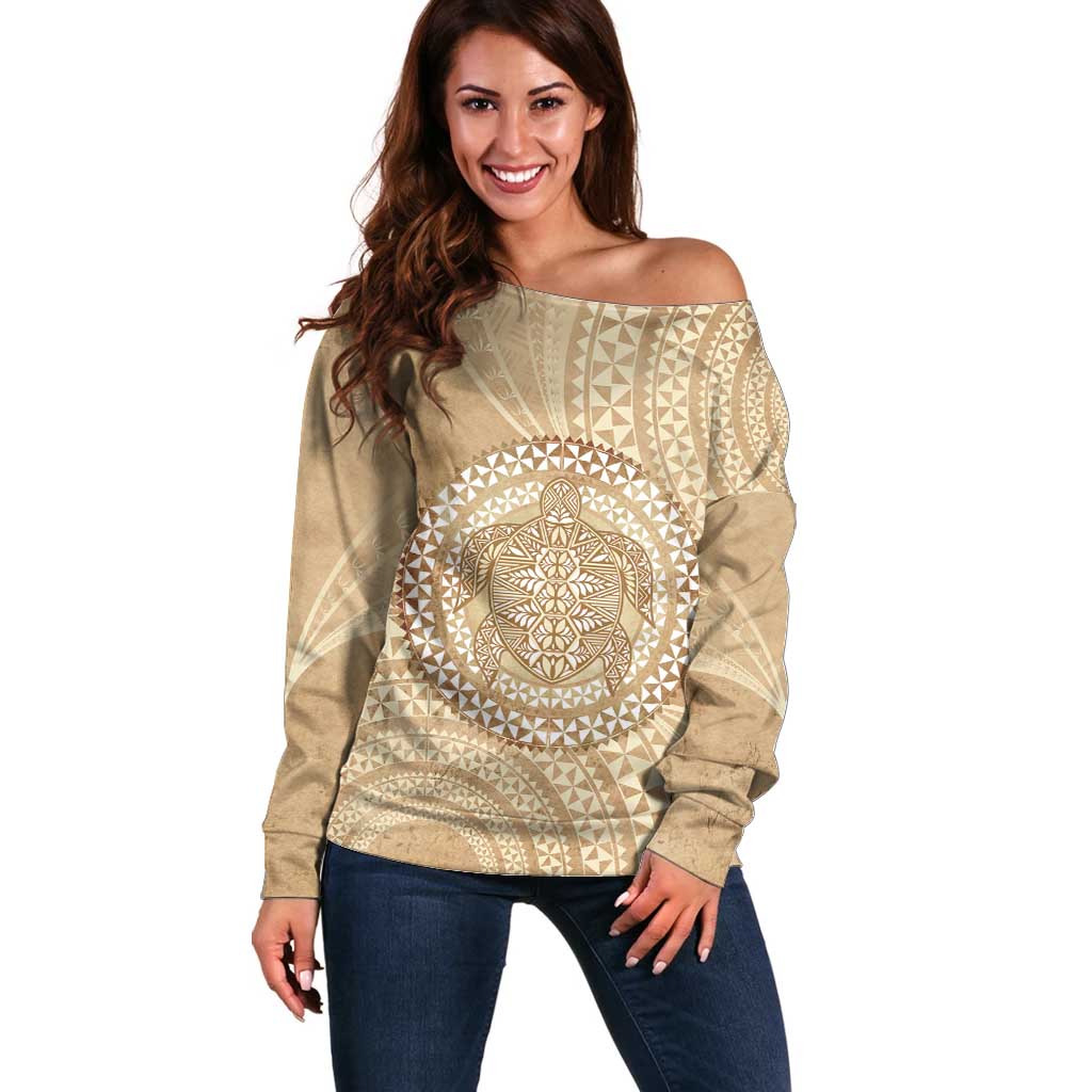 Tonga Ngatu Turtle Off Shoulder Sweater Vintage Tongan Tapa Cloth