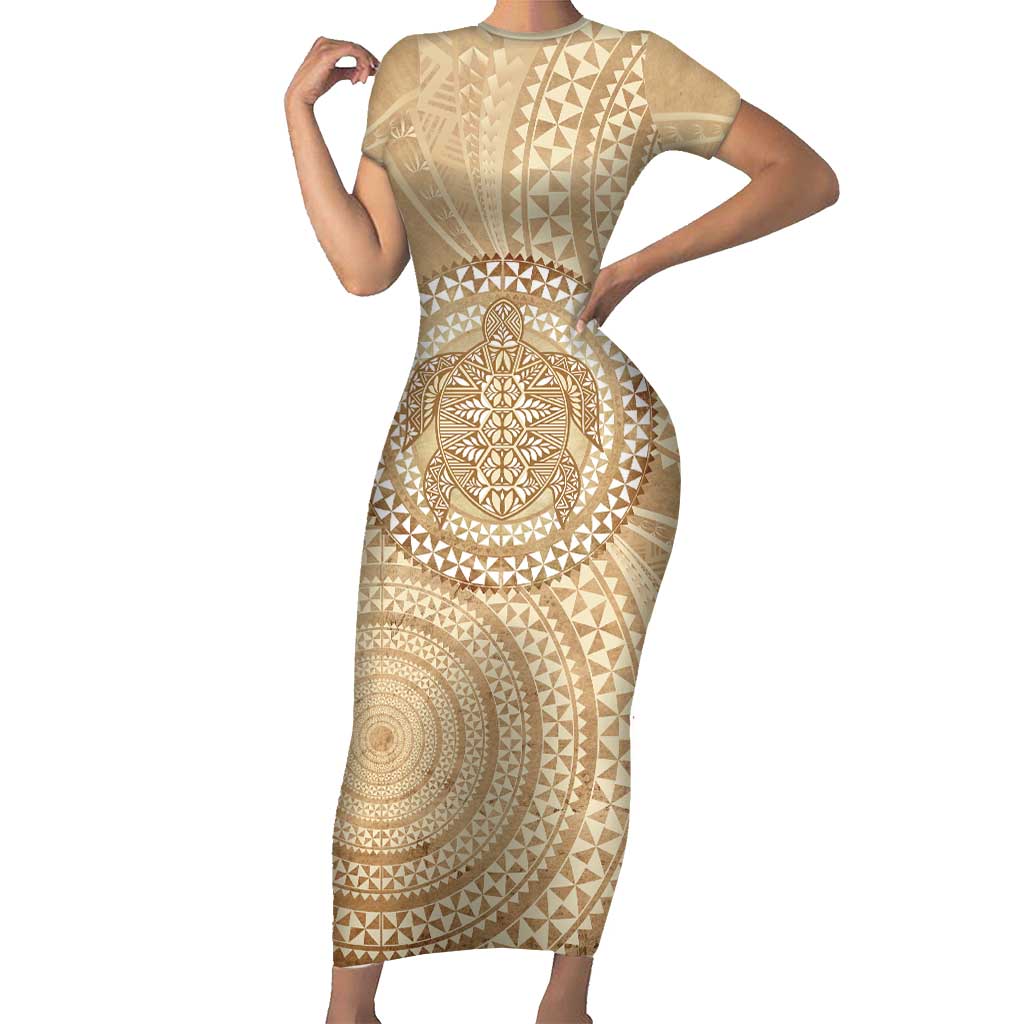 Tonga Ngatu Turtle Short Sleeve Bodycon Dress Vintage Tongan Tapa Cloth