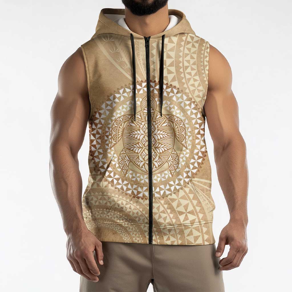 Tonga Ngatu Turtle Sleeveless Zip Hoodie Vintage Tongan Tapa Cloth
