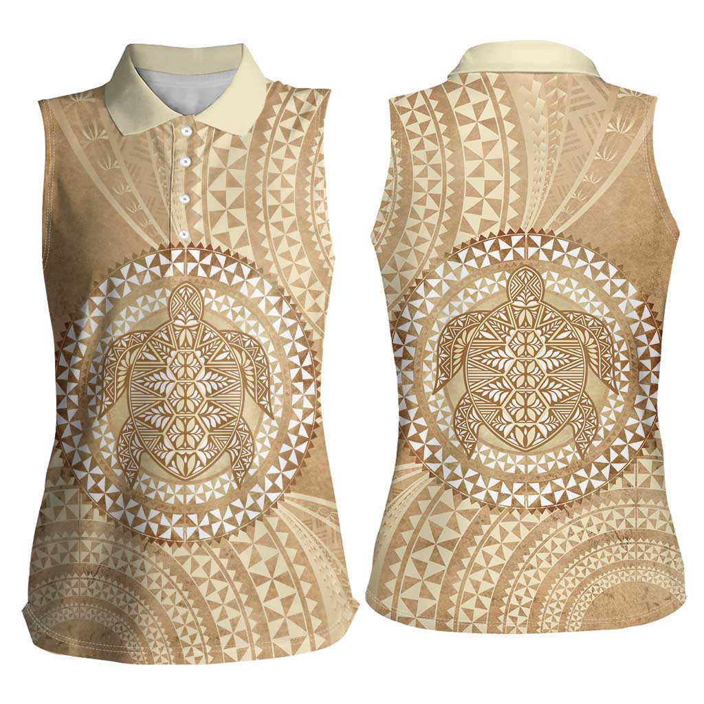 Tonga Ngatu Turtle Women Sleeveless Polo Shirt Vintage Tongan Tapa Cloth