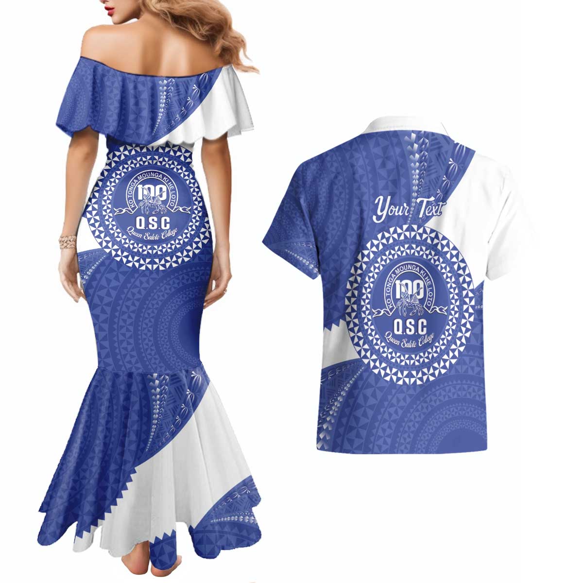 Queen Salote College 100th Anniversary Personalized Couples Matching Mermaid Dress and Hawaiian Shirt Est 1926 Kolisi Fefine Tongan Ngatu Pattern LT14 - Polynesian Pride