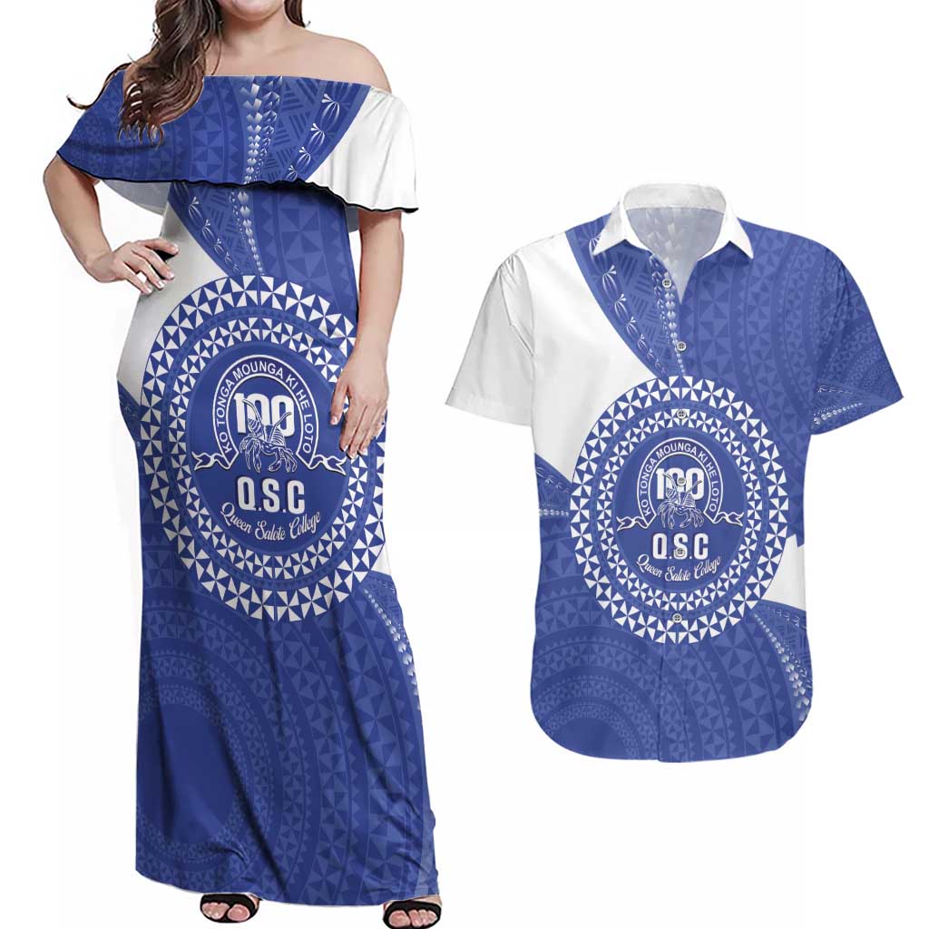 Queen Salote College 100th Anniversary Personalized Couples Matching Off Shoulder Maxi Dress and Hawaiian Shirt Est 1926 Kolisi Fefine Tongan Ngatu Pattern LT14 Blue - Polynesian Pride