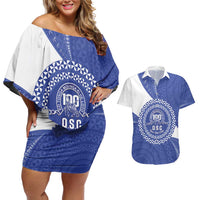Queen Salote College 100th Anniversary Personalized Couples Matching Off Shoulder Short Dress and Hawaiian Shirt Est 1926 Kolisi Fefine Tongan Ngatu Pattern LT14 Blue - Polynesian Pride