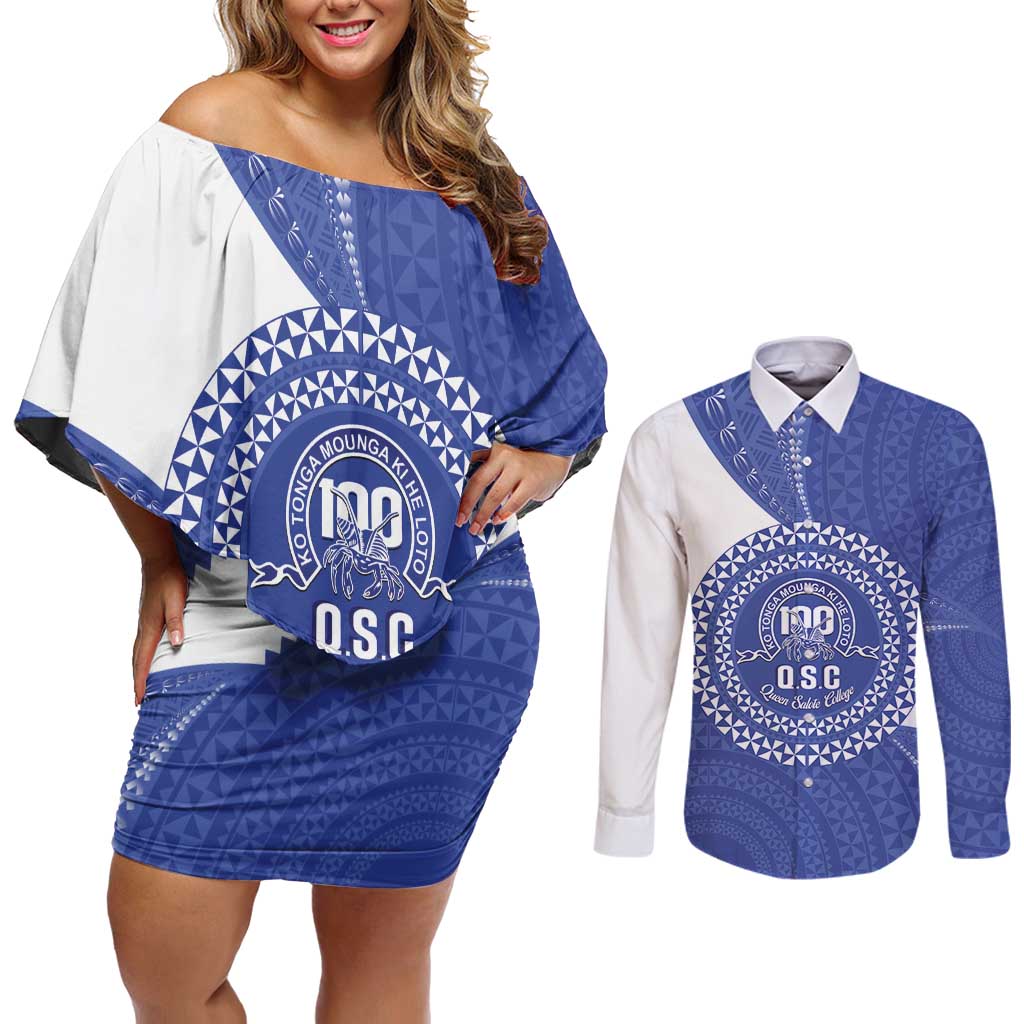 Queen Salote College 100th Anniversary Personalized Couples Matching Off Shoulder Short Dress and Long Sleeve Button Shirt Est 1926 Kolisi Fefine Tongan Ngatu Pattern LT14 Blue - Polynesian Pride