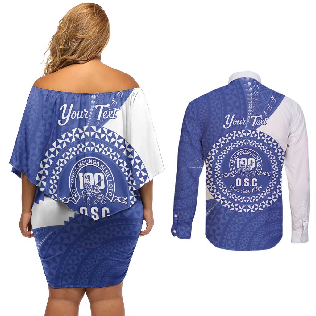 Queen Salote College 100th Anniversary Personalized Couples Matching Off Shoulder Short Dress and Long Sleeve Button Shirt Est 1926 Kolisi Fefine Tongan Ngatu Pattern LT14 - Polynesian Pride