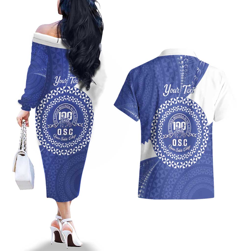 Queen Salote College 100th Anniversary Personalized Couples Matching Off The Shoulder Long Sleeve Dress and Hawaiian Shirt Est 1926 Kolisi Fefine Tongan Ngatu Pattern LT14 - Polynesian Pride