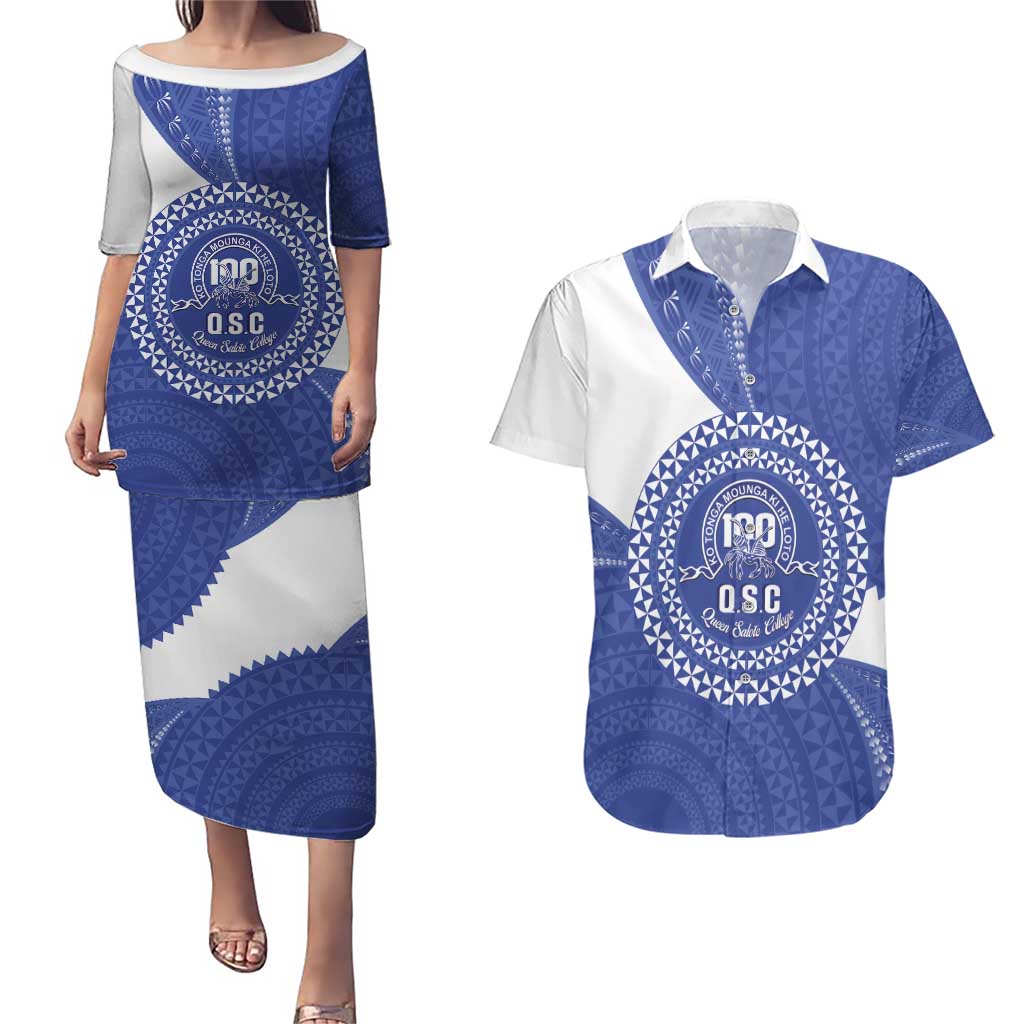 Queen Salote College 100th Anniversary Personalized Couples Matching Puletasi and Hawaiian Shirt Est 1926 Kolisi Fefine Tongan Ngatu Pattern LT14 Blue - Polynesian Pride