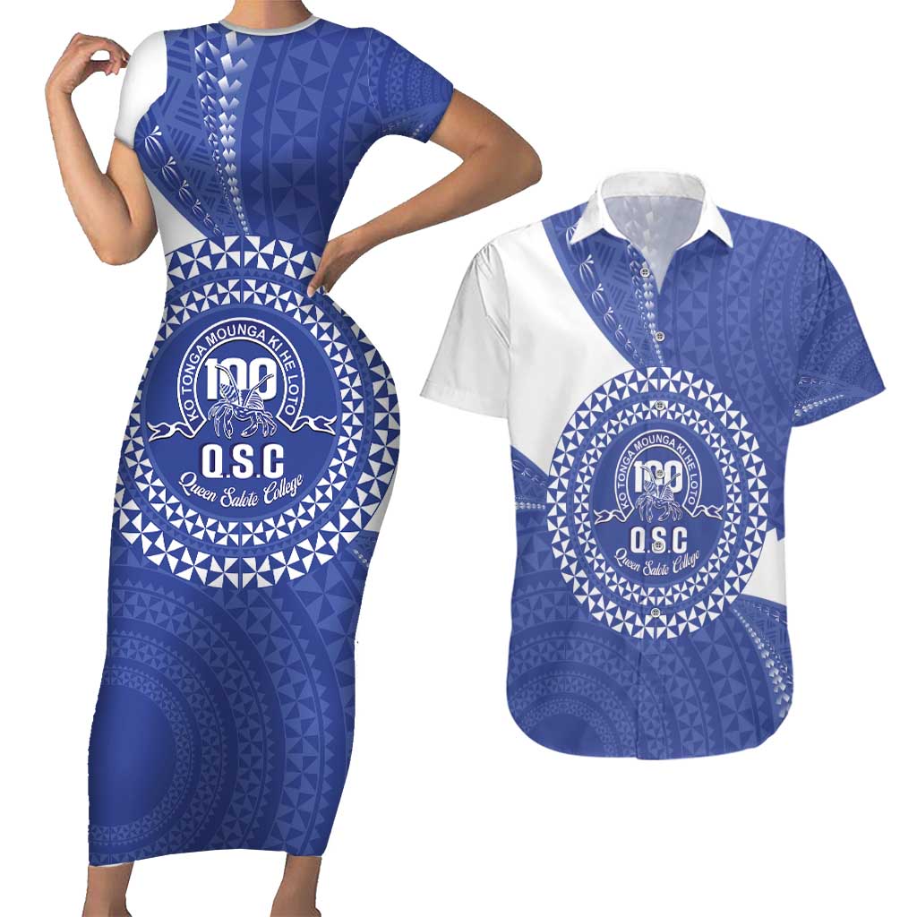 Queen Salote College 100th Anniversary Personalized Couples Matching Short Sleeve Bodycon Dress and Hawaiian Shirt Est 1926 Kolisi Fefine Tongan Ngatu Pattern LT14 Blue - Polynesian Pride