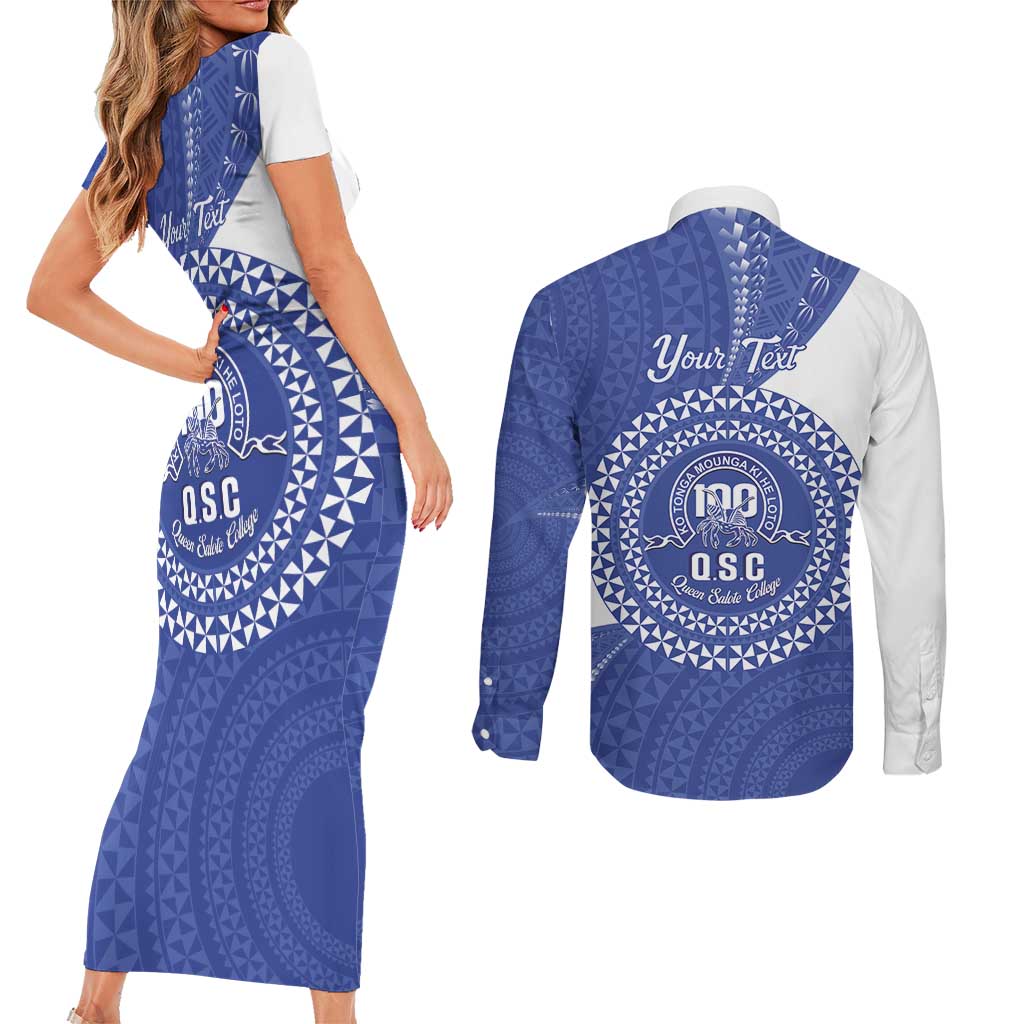 Queen Salote College 100th Anniversary Personalized Couples Matching Short Sleeve Bodycon Dress and Long Sleeve Button Shirt Est 1926 Kolisi Fefine Tongan Ngatu Pattern LT14 - Polynesian Pride