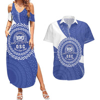 Queen Salote College 100th Anniversary Personalized Couples Matching Summer Maxi Dress and Hawaiian Shirt Est 1926 Kolisi Fefine Tongan Ngatu Pattern LT14 Blue - Polynesian Pride