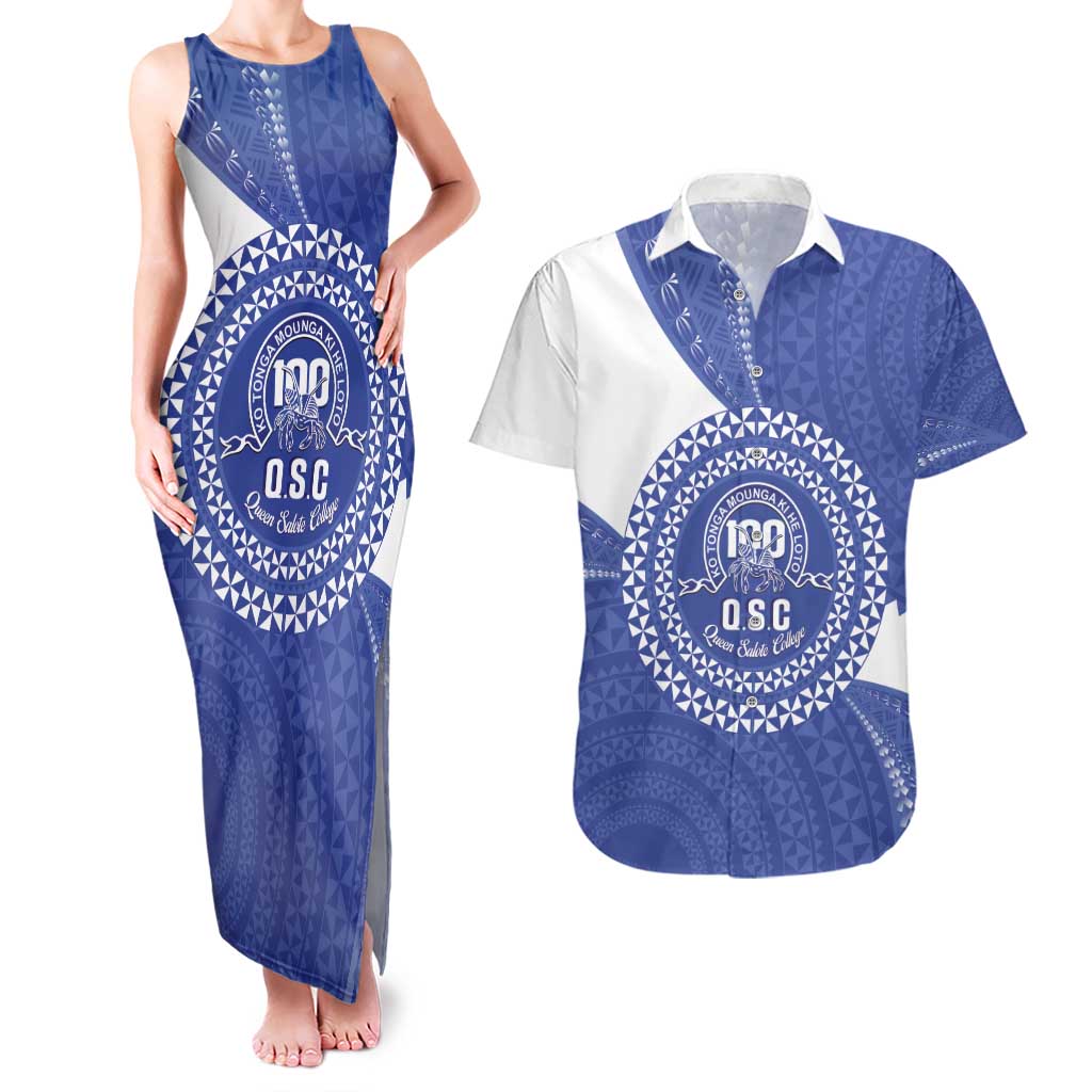 Queen Salote College 100th Anniversary Personalized Couples Matching Tank Maxi Dress and Hawaiian Shirt Est 1926 Kolisi Fefine Tongan Ngatu Pattern LT14 Blue - Polynesian Pride