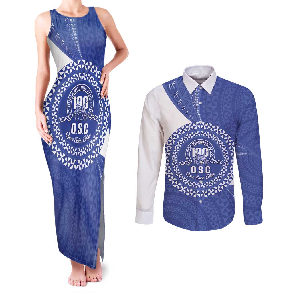 Queen Salote College 100th Anniversary Personalized Couples Matching Tank Maxi Dress and Long Sleeve Button Shirt Est 1926 Kolisi Fefine Tongan Ngatu Pattern LT14 Blue - Polynesian Pride