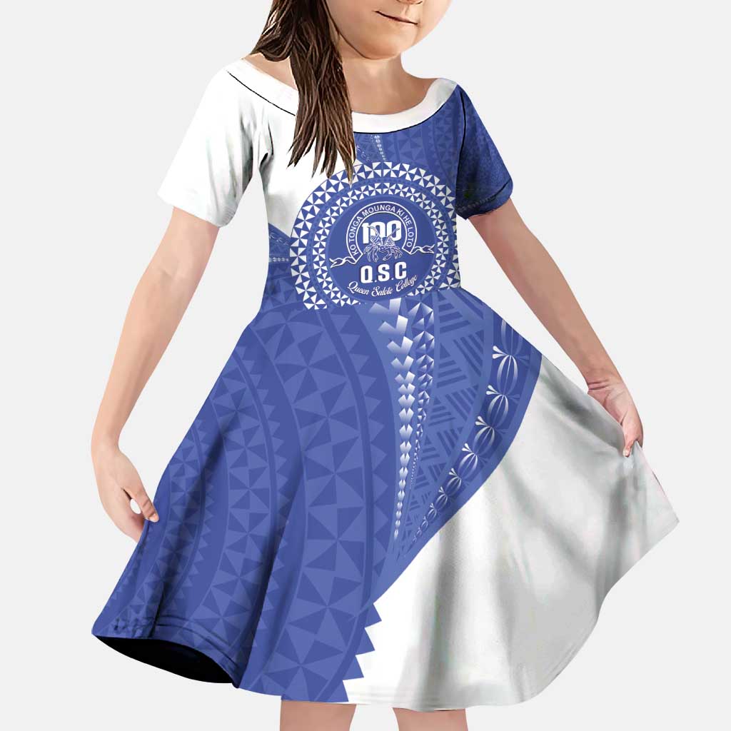 Queen Salote College 100th Anniversary Personalized Family Matching Off Shoulder Maxi Dress and Hawaiian Shirt Est 1926 Kolisi Fefine Tongan Ngatu Pattern LT14 Daughter's Dress Blue - Polynesian Pride