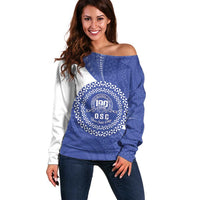 Queen Salote College 100th Anniversary Personalized Off Shoulder Sweater Est 1926 Kolisi Fefine Tongan Ngatu Pattern