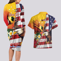 Personalised United States And Papua New Guinea Couples Matching Long Sleeve Bodycon Dress and Hawaiian Shirt USA Eagle With PNG Bird Of Paradise LT14 - Polynesian Pride