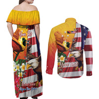 Personalised United States And Papua New Guinea Couples Matching Off Shoulder Maxi Dress and Long Sleeve Button Shirt USA Eagle With PNG Bird Of Paradise