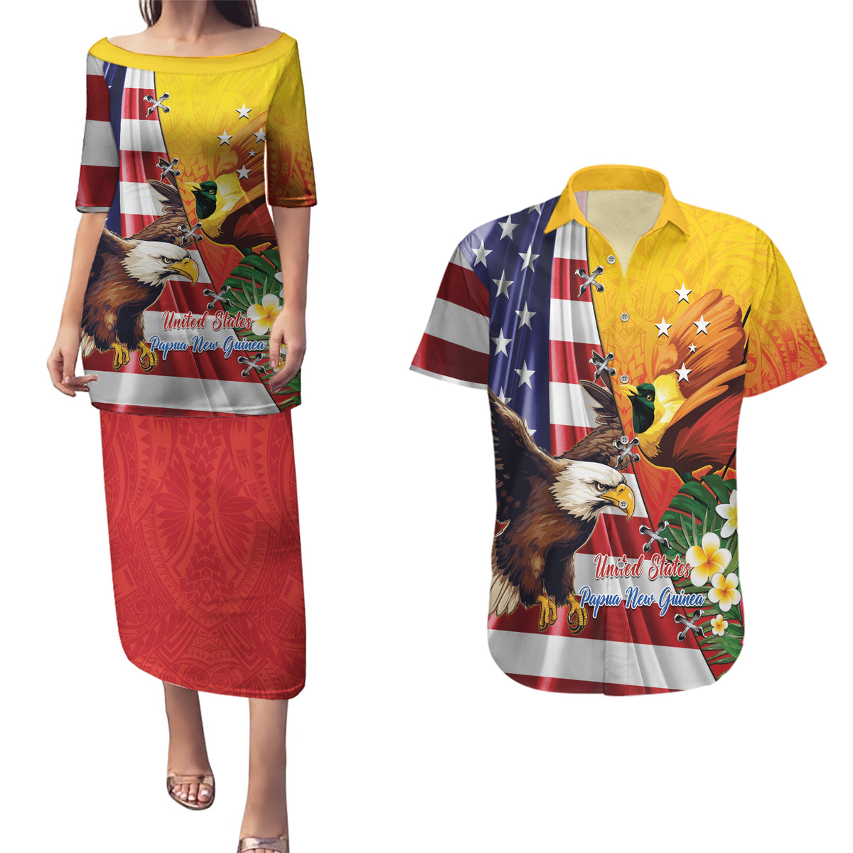 Personalised United States And Papua New Guinea Couples Matching Puletasi and Hawaiian Shirt USA Eagle With PNG Bird Of Paradise