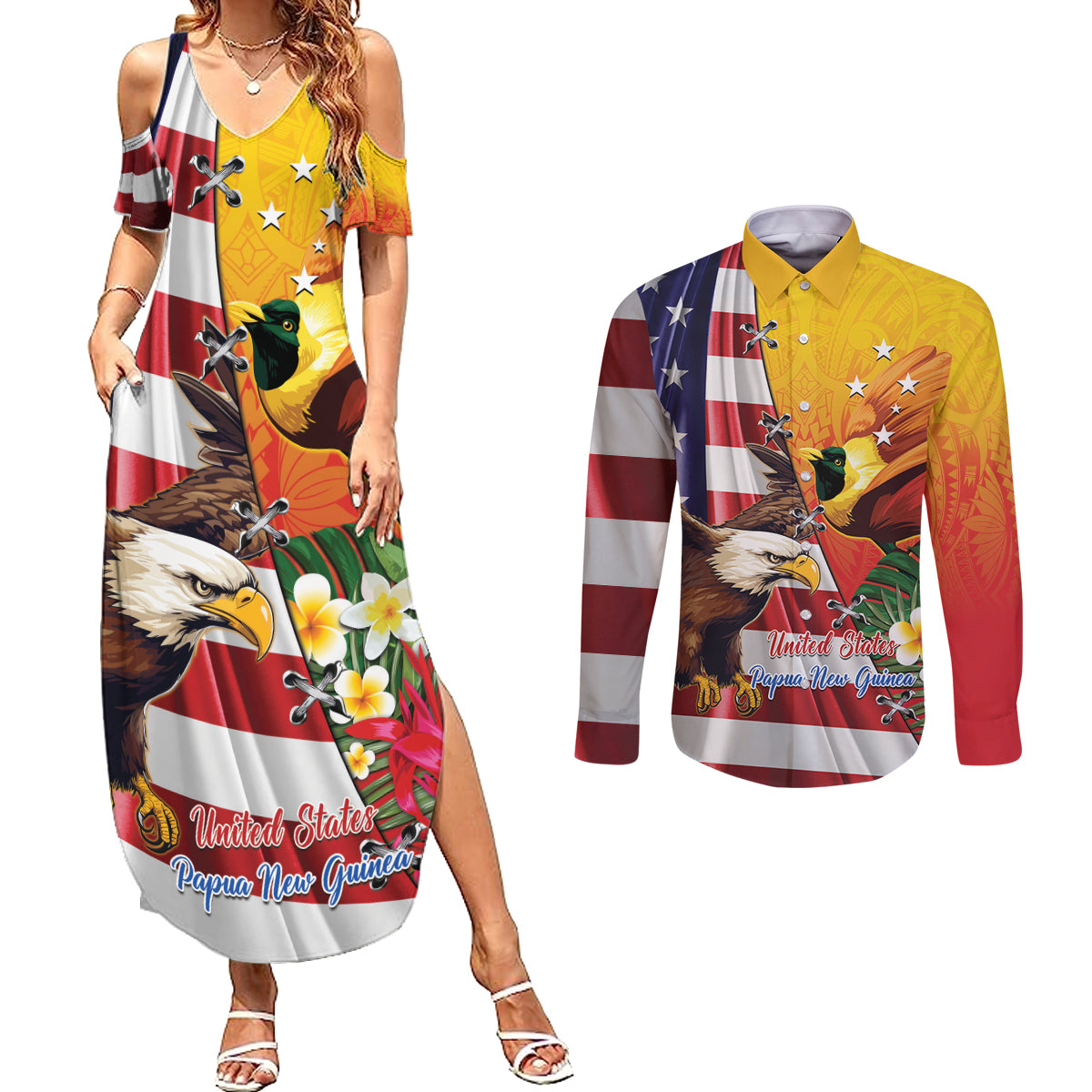 Personalised United States And Papua New Guinea Couples Matching Summer Maxi Dress and Long Sleeve Button Shirt USA Eagle With PNG Bird Of Paradise