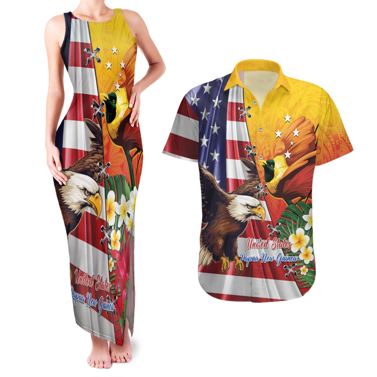 Personalised United States And Papua New Guinea Couples Matching Tank Maxi Dress and Hawaiian Shirt USA Eagle With PNG Bird Of Paradise