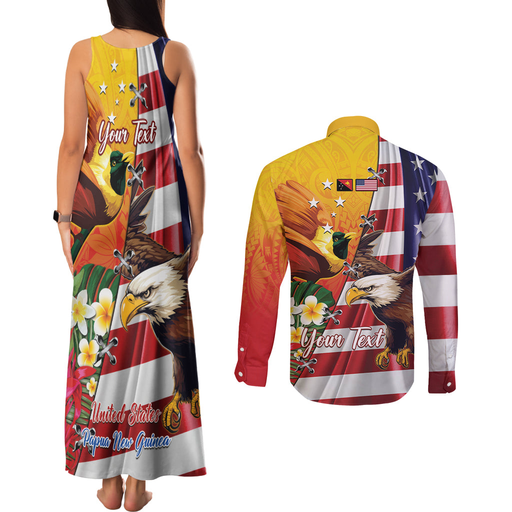 Personalised United States And Papua New Guinea Couples Matching Tank Maxi Dress and Long Sleeve Button Shirt USA Eagle With PNG Bird Of Paradise
