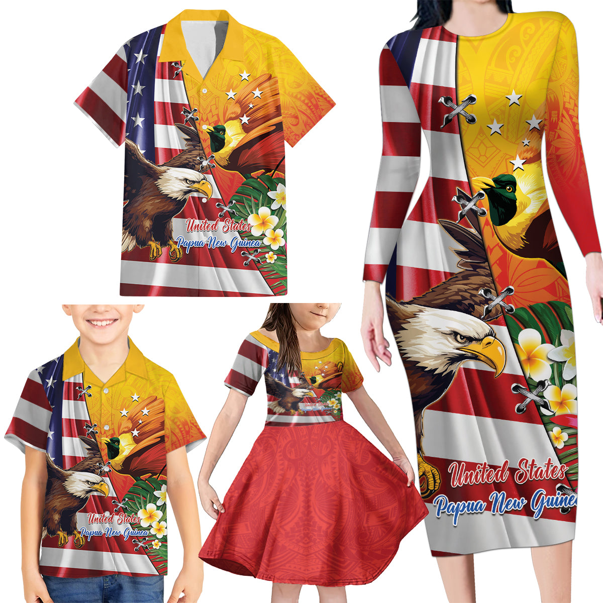 Personalised United States And Papua New Guinea Family Matching Long Sleeve Bodycon Dress and Hawaiian Shirt USA Eagle With PNG Bird Of Paradise LT14 - Polynesian Pride