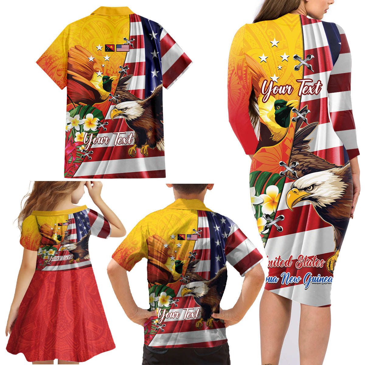Personalised United States And Papua New Guinea Family Matching Long Sleeve Bodycon Dress and Hawaiian Shirt USA Eagle With PNG Bird Of Paradise LT14 - Polynesian Pride