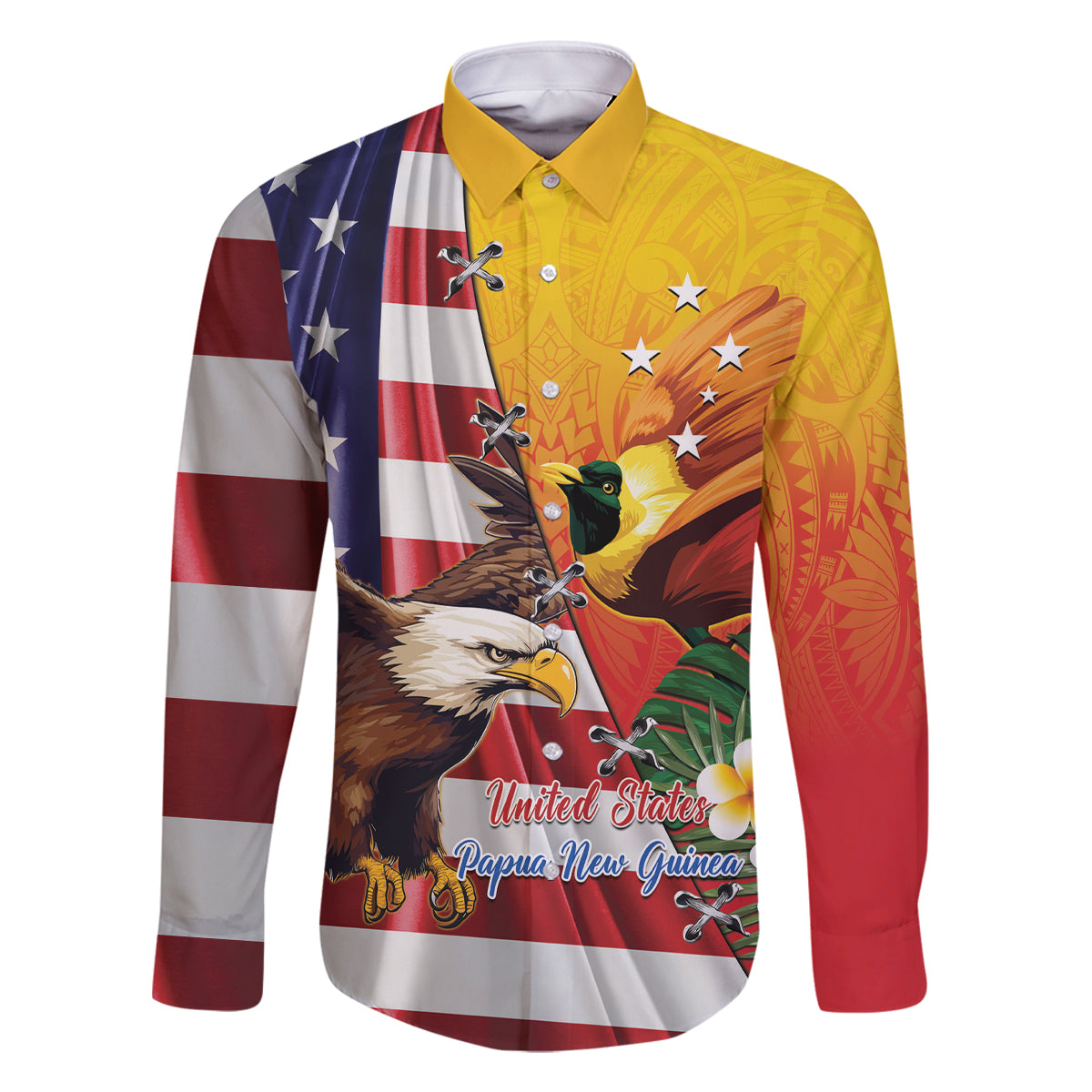 Personalised United States And Papua New Guinea Family Matching Mermaid Dress and Hawaiian Shirt USA Eagle With PNG Bird Of Paradise LT14 Dad's Shirt - Long Sleeve Red - Polynesian Pride