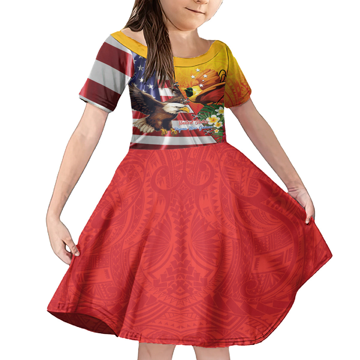 Personalised United States And Papua New Guinea Family Matching Puletasi and Hawaiian Shirt USA Eagle With PNG Bird Of Paradise LT14 Daughter's Dress Red - Polynesian Pride