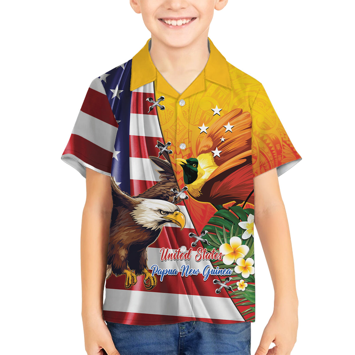 Personalised United States And Papua New Guinea Family Matching Puletasi and Hawaiian Shirt USA Eagle With PNG Bird Of Paradise LT14 Son's Shirt Red - Polynesian Pride
