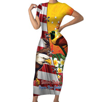 Personalised United States And Papua New Guinea Family Matching Short Sleeve Bodycon Dress and Hawaiian Shirt USA Eagle With PNG Bird Of Paradise LT14 Mom's Dress Red - Polynesian Pride