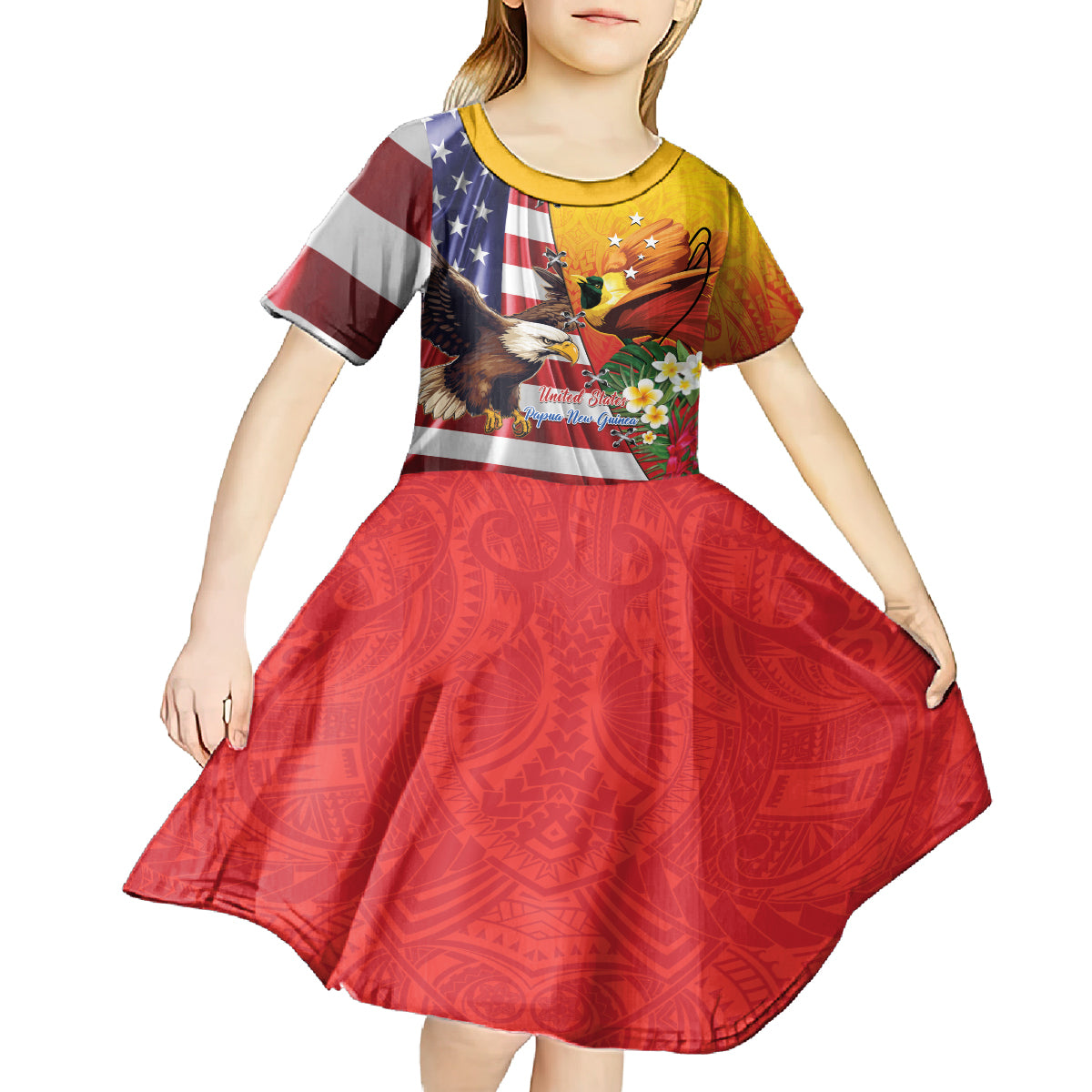 Personalised United States And Papua New Guinea Kid Short Sleeve Dress USA Eagle With PNG Bird Of Paradise
