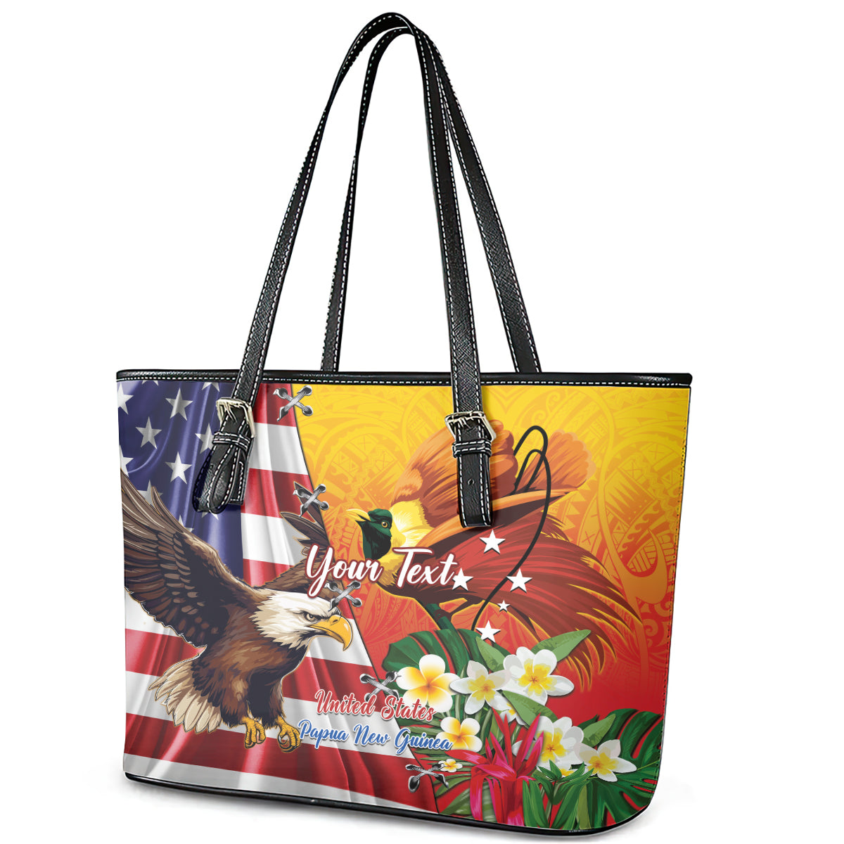 Personalised United States And Papua New Guinea Leather Tote Bag USA Eagle With PNG Bird Of Paradise