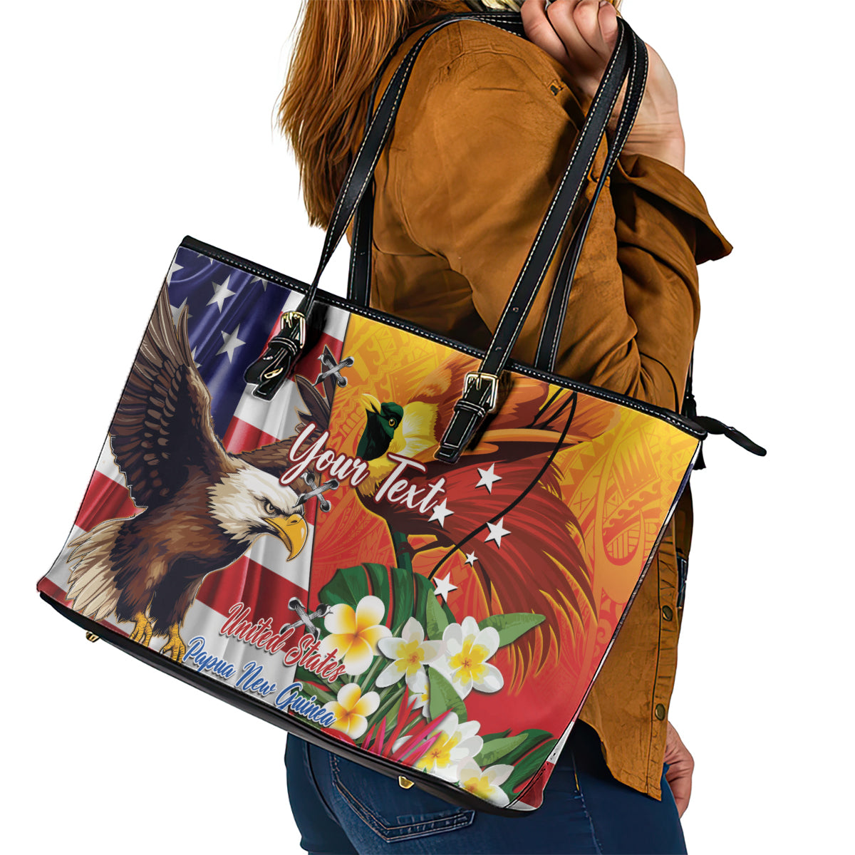 Personalised United States And Papua New Guinea Leather Tote Bag USA Eagle With PNG Bird Of Paradise