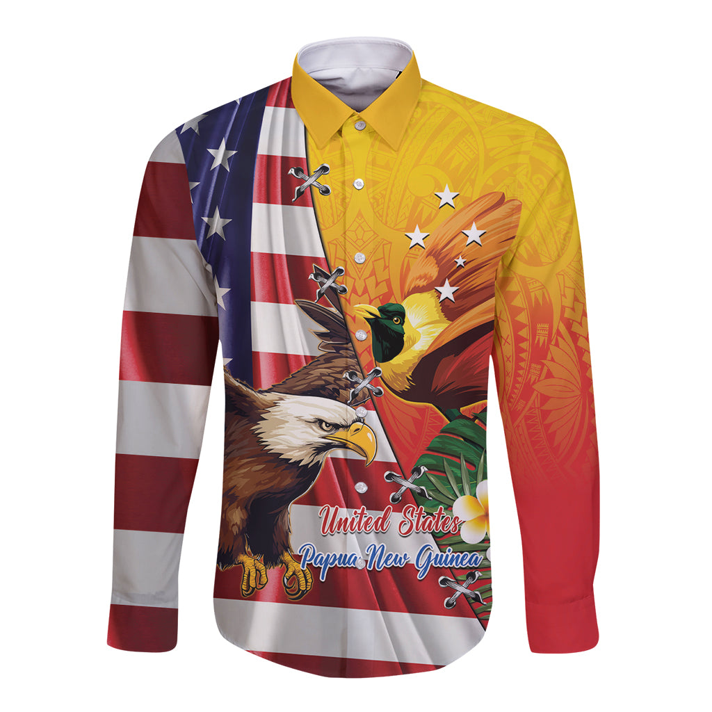 Personalised United States And Papua New Guinea Long Sleeve Button Shirt USA Eagle With PNG Bird Of Paradise