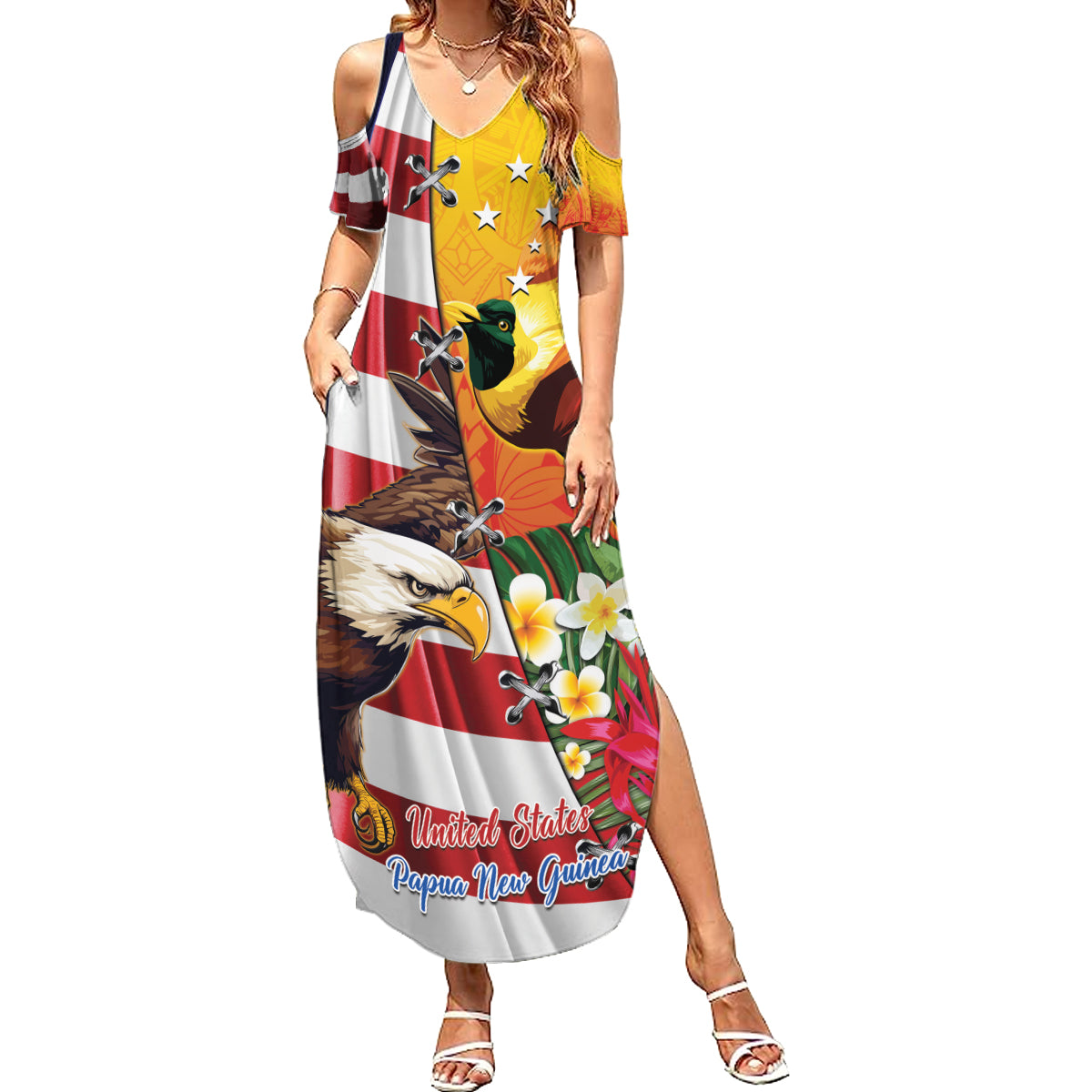 Personalised United States And Papua New Guinea Summer Maxi Dress USA Eagle With PNG Bird Of Paradise