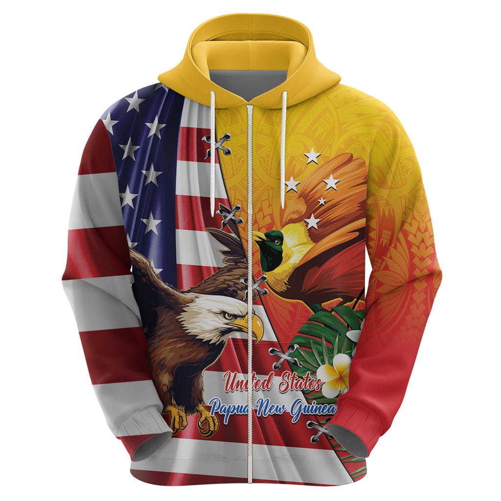 Personalised United States And Papua New Guinea Zip Hoodie USA Eagle With PNG Bird Of Paradise