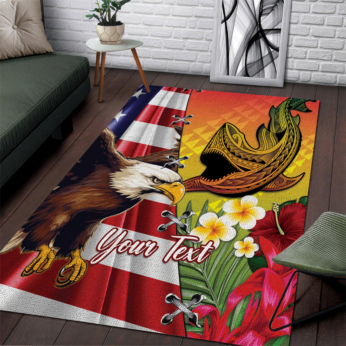 Personalised United States And Hawaii Area Rug USA Eagle With Hawaiian Shark Tattoo