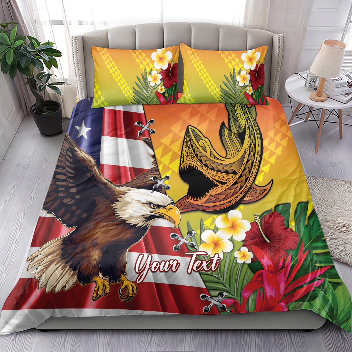 Personalised United States And Hawaii Bedding Set USA Eagle With Hawaiian Shark Tattoo